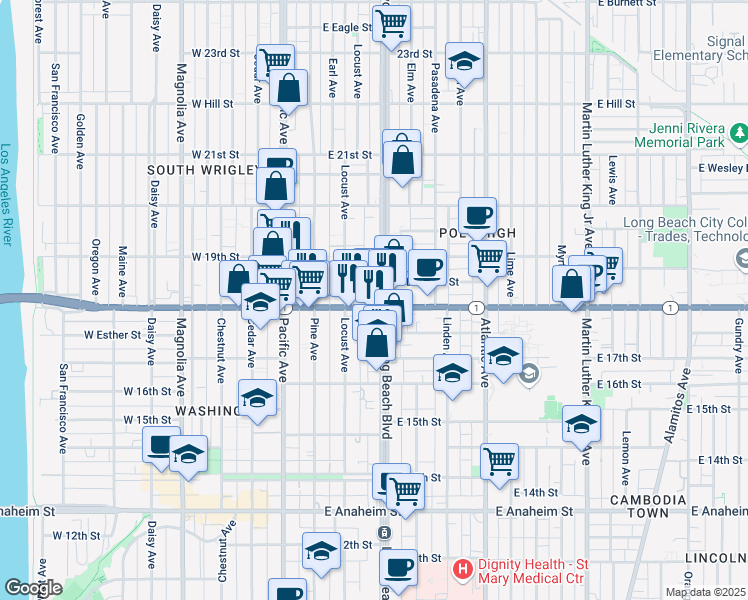 map of restaurants, bars, coffee shops, grocery stores, and more near 1831a Long Beach Boulevard in Long Beach