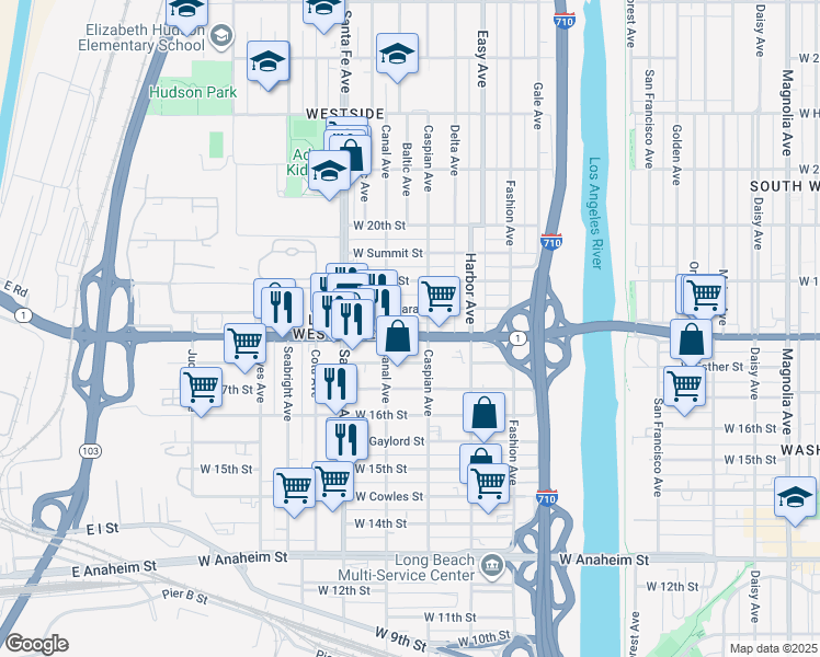 map of restaurants, bars, coffee shops, grocery stores, and more near 1560 West Parade Street in Long Beach