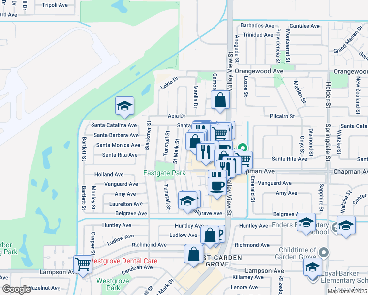 map of restaurants, bars, coffee shops, grocery stores, and more near 11861 Bailey Street in Garden Grove