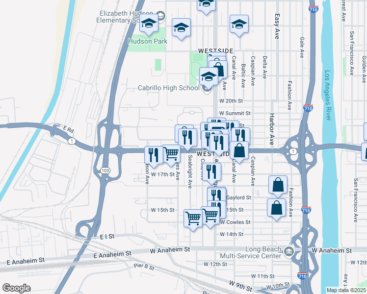 map of restaurants, bars, coffee shops, grocery stores, and more near 1901 West Pacific Coast Highway in Long Beach