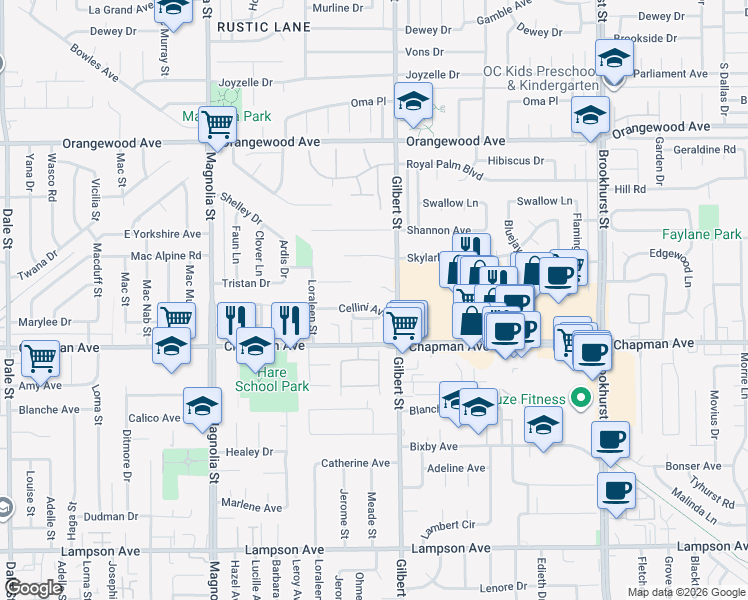map of restaurants, bars, coffee shops, grocery stores, and more near 9371 Cellini Avenue in Garden Grove