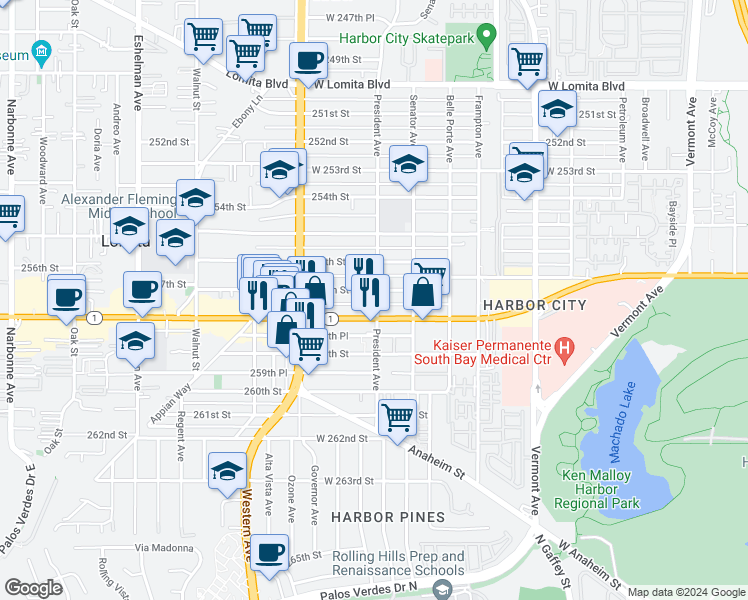 map of restaurants, bars, coffee shops, grocery stores, and more near 25701 President Avenue in Harbor City