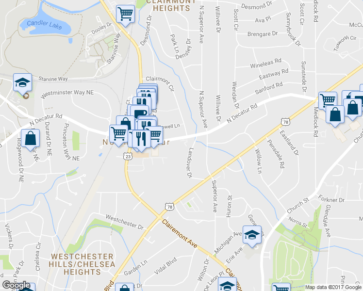 map of restaurants, bars, coffee shops, grocery stores, and more near 476 Sherman Way in Decatur