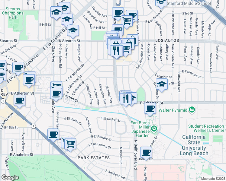 map of restaurants, bars, coffee shops, grocery stores, and more near 1901 North Bellflower Boulevard in Long Beach