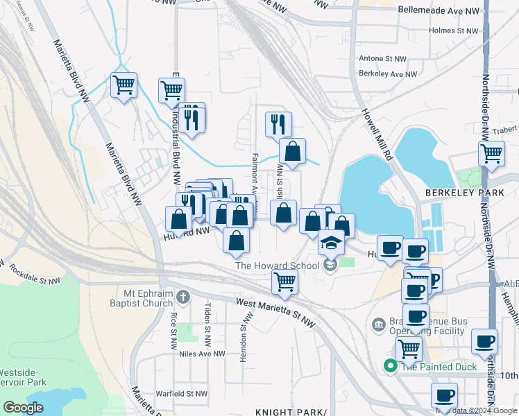 map of restaurants, bars, coffee shops, grocery stores, and more near 1274 Longreen Terrace Northwest in Atlanta