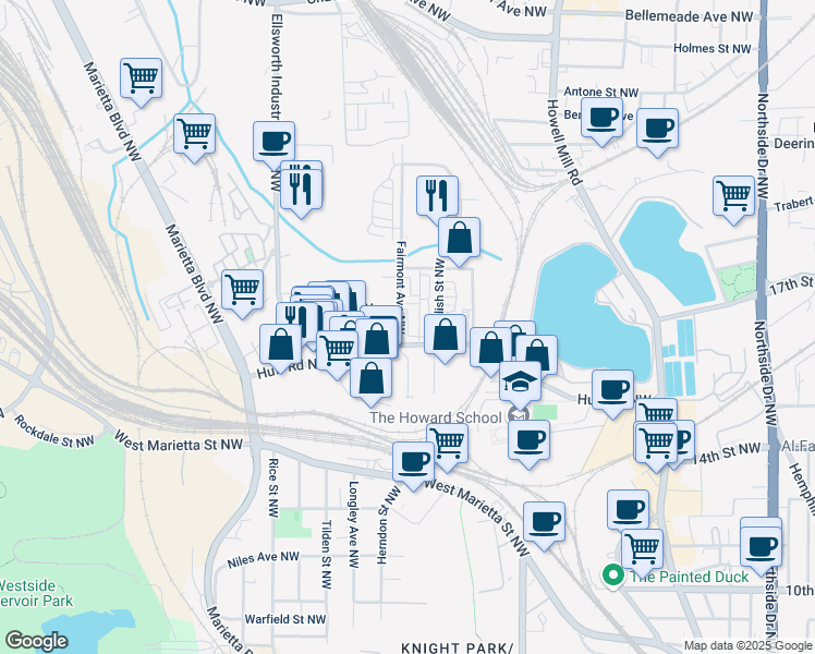 map of restaurants, bars, coffee shops, grocery stores, and more near 1297 Longreen Terrace Northwest in Atlanta