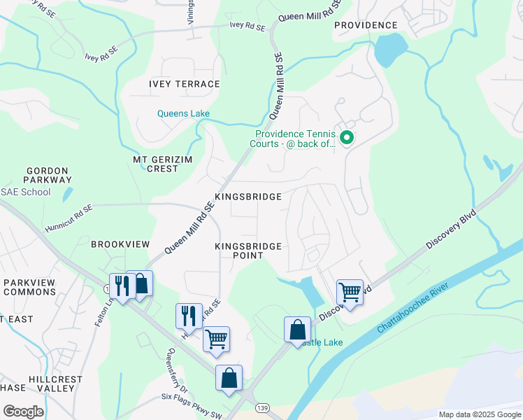 map of restaurants, bars, coffee shops, grocery stores, and more near 680 King Sword Court Southeast in Mableton