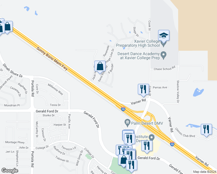 map of restaurants, bars, coffee shops, grocery stores, and more near in Thousand Palms