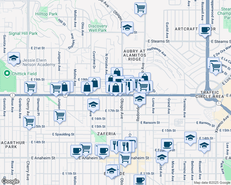 map of restaurants, bars, coffee shops, grocery stores, and more near in Long Beach