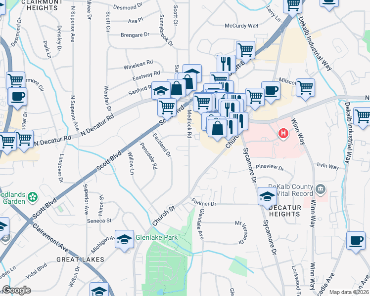 map of restaurants, bars, coffee shops, grocery stores, and more near 2400 Charleston Oaks Lane in Decatur