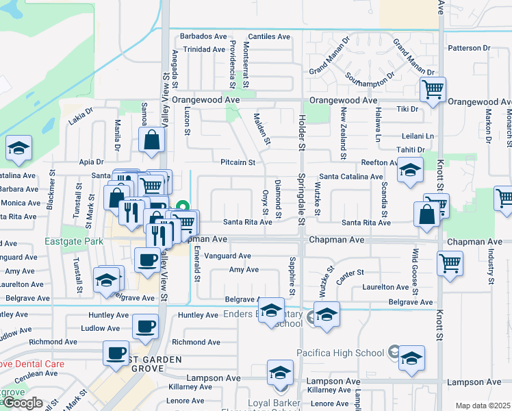 map of restaurants, bars, coffee shops, grocery stores, and more near 11862 Amethyst Street in Garden Grove