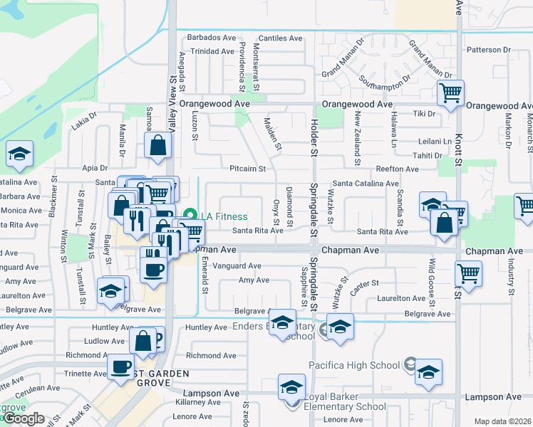 map of restaurants, bars, coffee shops, grocery stores, and more near 11862 Amethyst Street in Garden Grove