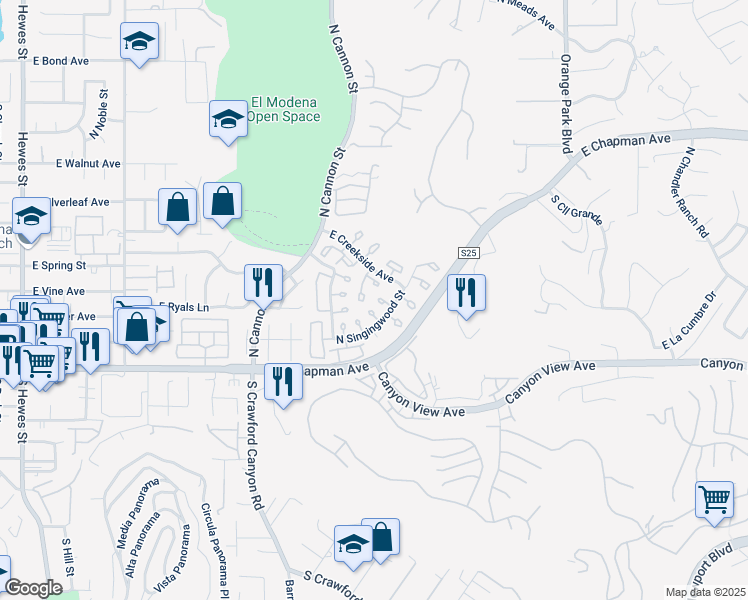 map of restaurants, bars, coffee shops, grocery stores, and more near 222 North Singingwood Street in Orange