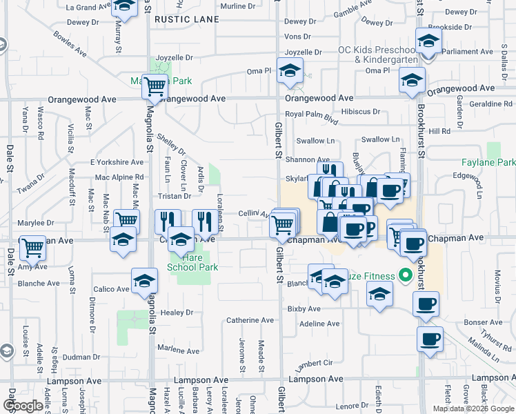 map of restaurants, bars, coffee shops, grocery stores, and more near 9361 Cellini Avenue in Garden Grove