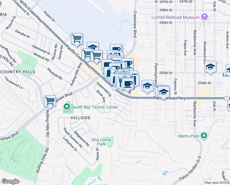 map of restaurants, bars, coffee shops, grocery stores, and more near 2604 Pacific Coast Highway in Torrance