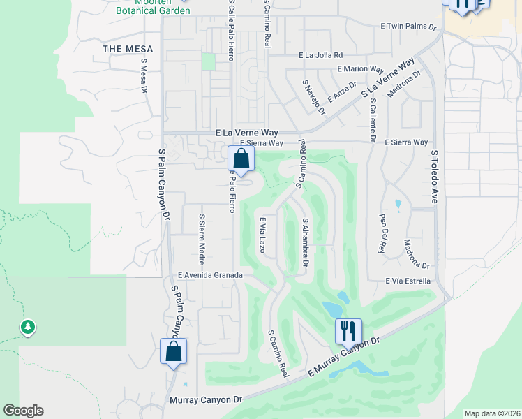 map of restaurants, bars, coffee shops, grocery stores, and more near 2320 South Via Lazo in Palm Springs