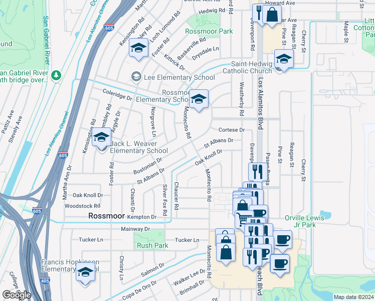 map of restaurants, bars, coffee shops, grocery stores, and more near 11872 Harrisburg Road in Los Alamitos