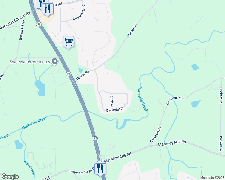 map of restaurants, bars, coffee shops, grocery stores, and more near 758 Beranda Circle in Douglasville