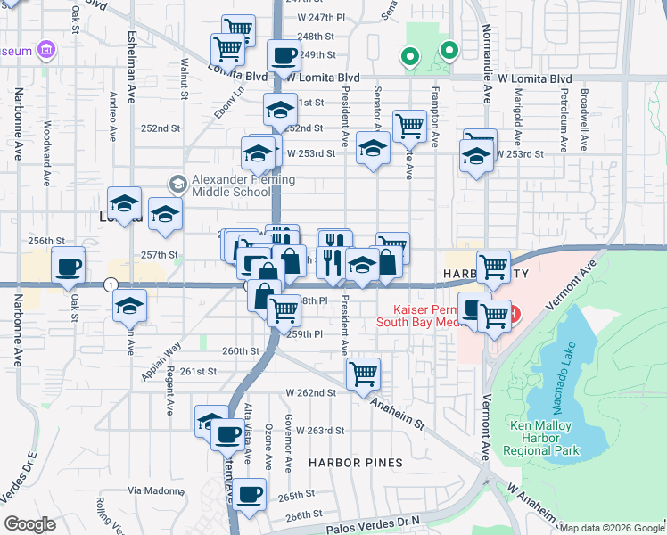 map of restaurants, bars, coffee shops, grocery stores, and more near 1614 257th Street in Harbor City