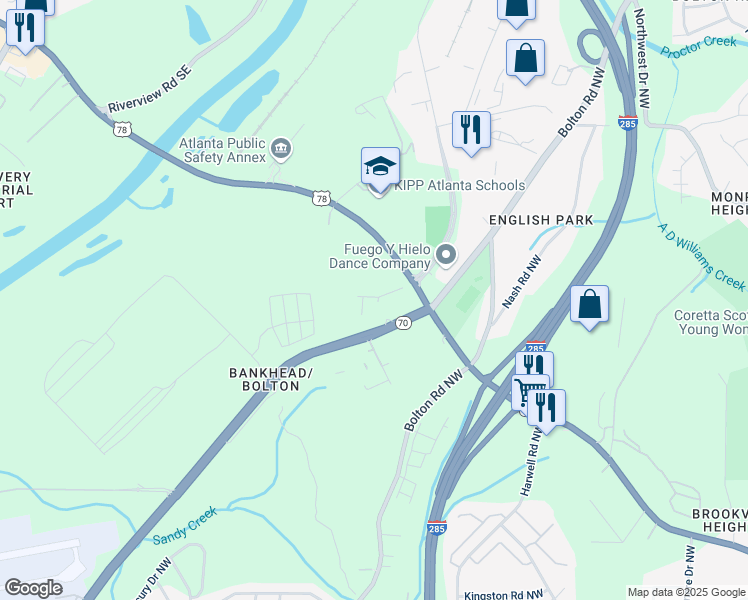 map of restaurants, bars, coffee shops, grocery stores, and more near 3350 Bankhead Highway Northwest in Atlanta
