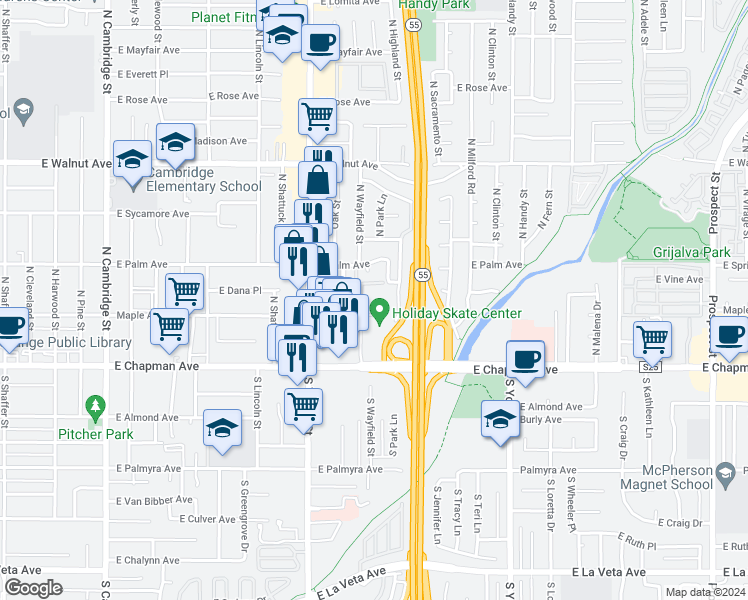 map of restaurants, bars, coffee shops, grocery stores, and more near 246 North Highland Street in Orange