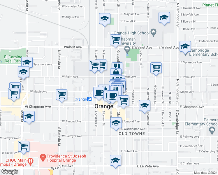 map of restaurants, bars, coffee shops, grocery stores, and more near 233 North Lemon Street in Orange