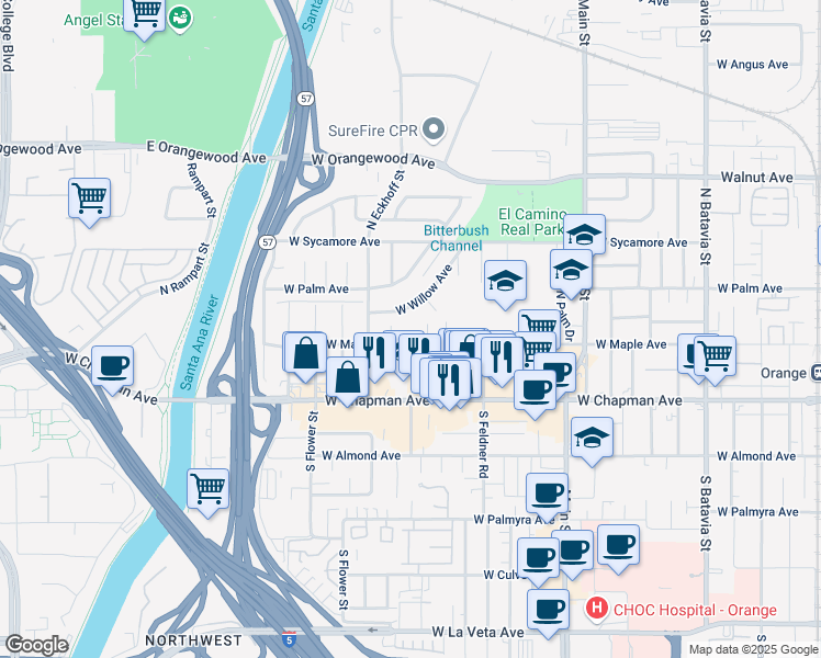 map of restaurants, bars, coffee shops, grocery stores, and more near 258 North Holly Street in Orange
