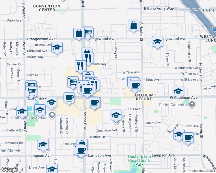 map of restaurants, bars, coffee shops, grocery stores, and more near 2356 South Cutty Way in Anaheim
