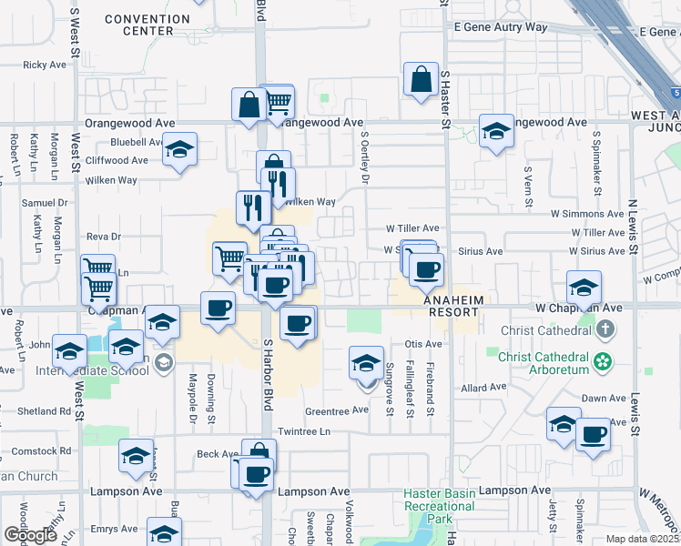 map of restaurants, bars, coffee shops, grocery stores, and more near 2310 South Cutty Way in Anaheim