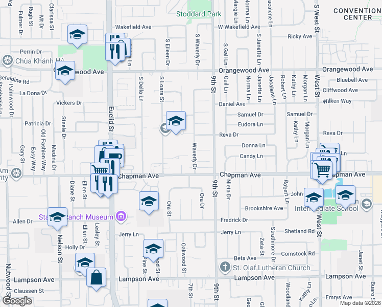 map of restaurants, bars, coffee shops, grocery stores, and more near 11871 Waverly Drive in Garden Grove