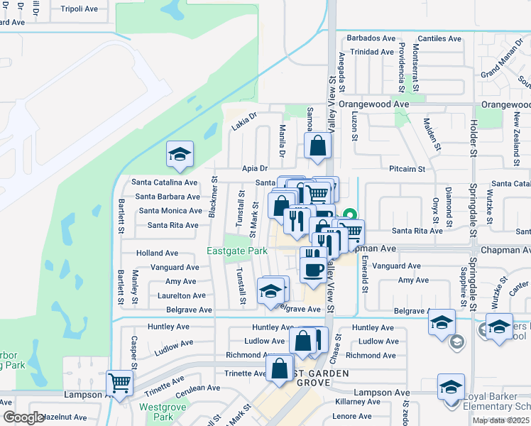 map of restaurants, bars, coffee shops, grocery stores, and more near 11851 Bailey Street in Garden Grove