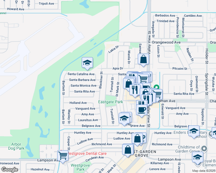 map of restaurants, bars, coffee shops, grocery stores, and more near 11841 Winton Street in Garden Grove