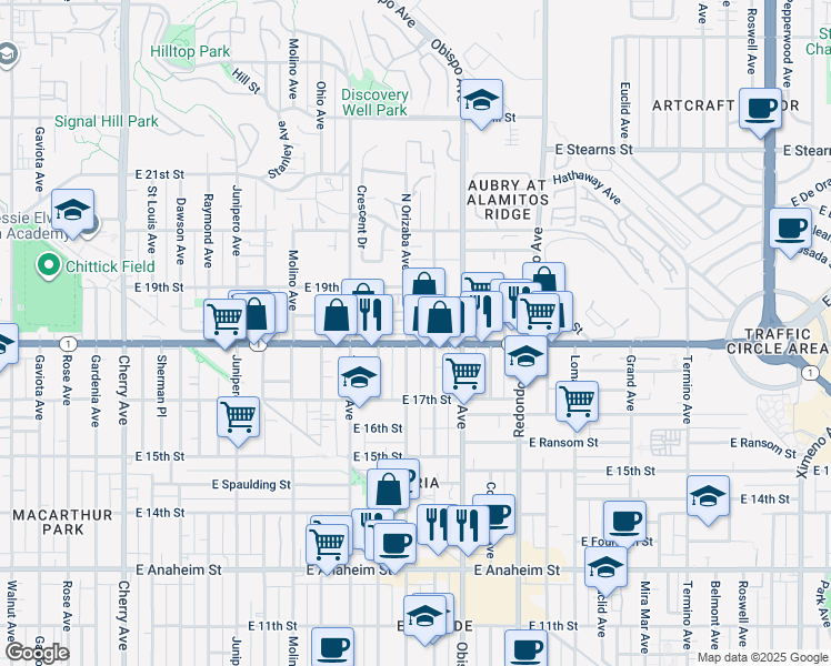 map of restaurants, bars, coffee shops, grocery stores, and more near 1838 Orizaba Avenue in Signal Hill