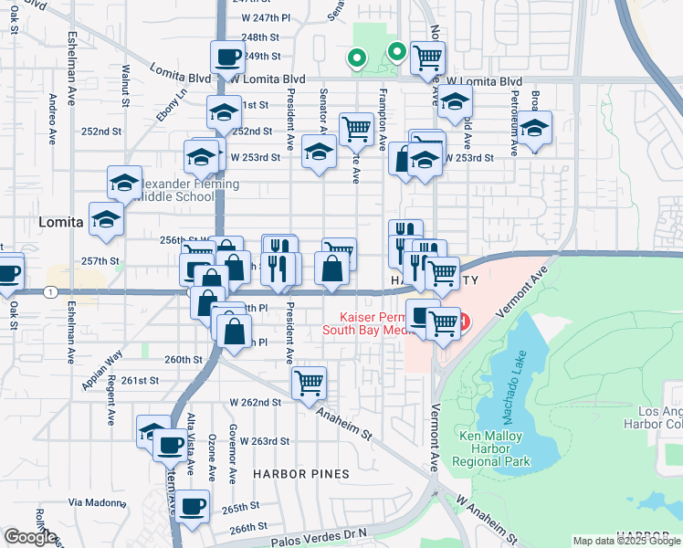 map of restaurants, bars, coffee shops, grocery stores, and more near 1415 257th Street in Los Angeles