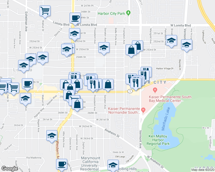 map of restaurants, bars, coffee shops, grocery stores, and more near 1415 257th Street in Los Angeles