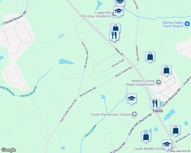 map of restaurants, bars, coffee shops, grocery stores, and more near 4000 Grove Trail in Loganville
