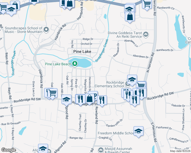 map of restaurants, bars, coffee shops, grocery stores, and more near 509 Spruce Drive in Pine Lake