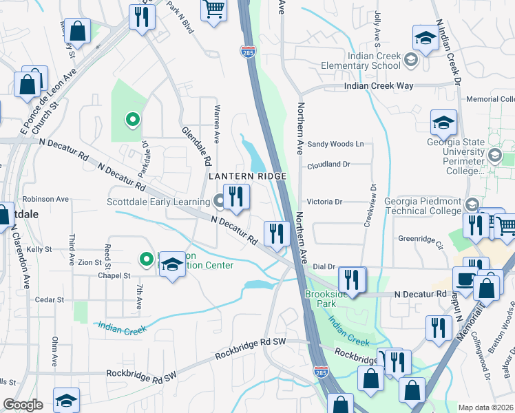 map of restaurants, bars, coffee shops, grocery stores, and more near 3681 Lantern Walk Lane in Scottdale