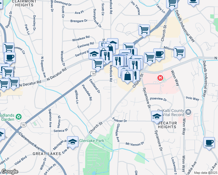 map of restaurants, bars, coffee shops, grocery stores, and more near 2413 Charleston Oaks Lane in Decatur