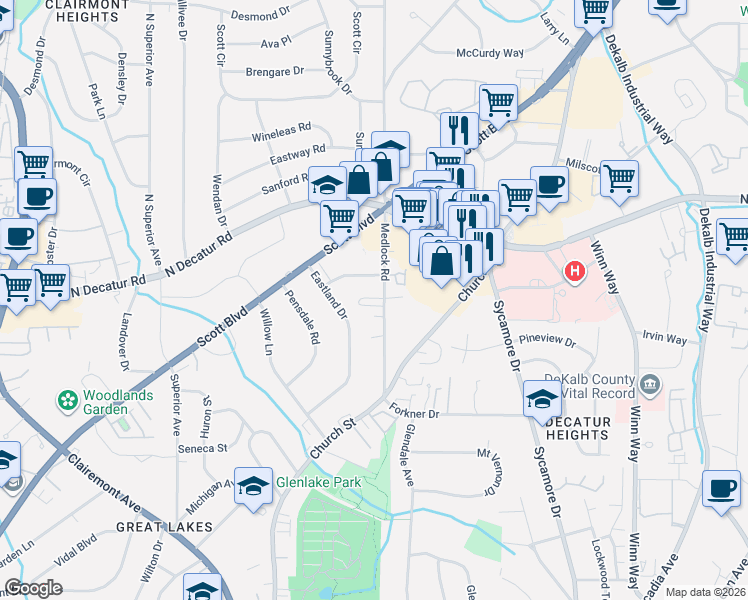 map of restaurants, bars, coffee shops, grocery stores, and more near 2400 Charleston Oaks Lane in Decatur