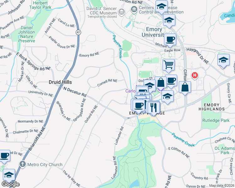 map of restaurants, bars, coffee shops, grocery stores, and more near 1293 Oxford Road Northeast in Atlanta