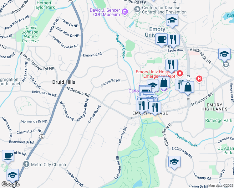 map of restaurants, bars, coffee shops, grocery stores, and more near 1278 Oxford Road Northeast in Atlanta