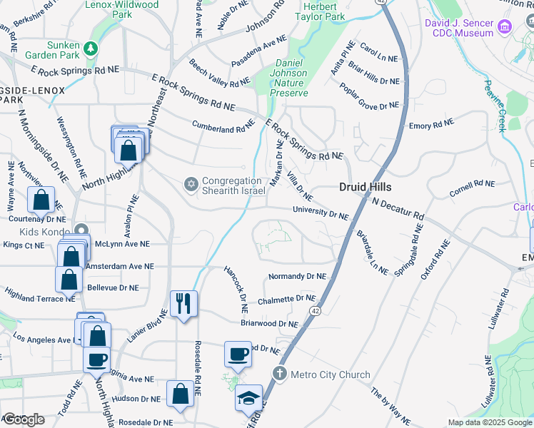map of restaurants, bars, coffee shops, grocery stores, and more near 1287 University Drive Northeast in Atlanta