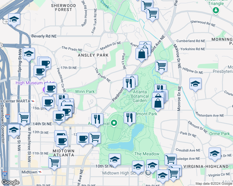 map of restaurants, bars, coffee shops, grocery stores, and more near 37 South Prado Northeast in Atlanta