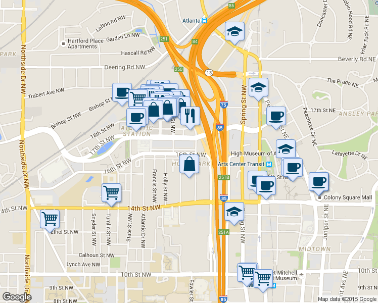 map of restaurants, bars, coffee shops, grocery stores, and more near 209 16th Street Northwest in Atlanta