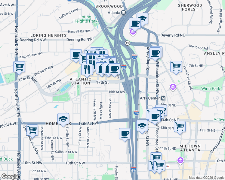 map of restaurants, bars, coffee shops, grocery stores, and more near 209 16th Street Northwest in Atlanta