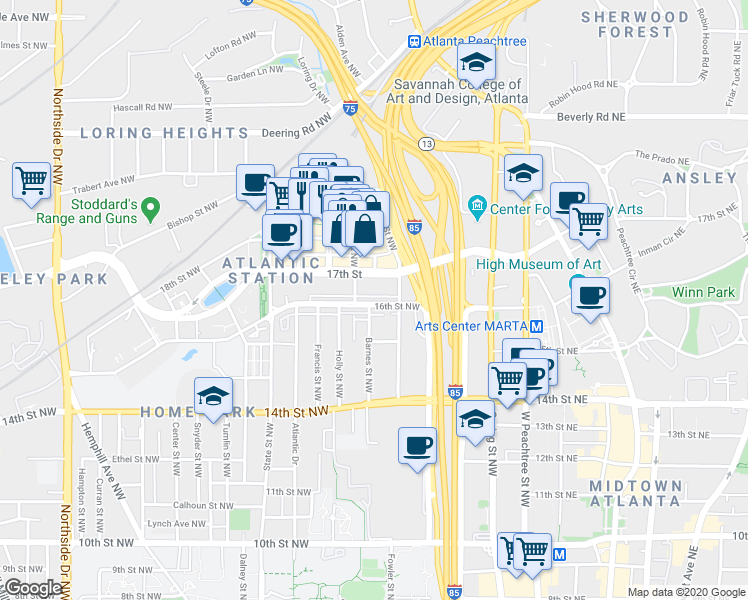 map of restaurants, bars, coffee shops, grocery stores, and more near 209 16th Street Northwest in Atlanta