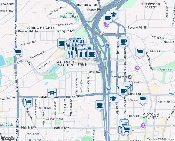 map of restaurants, bars, coffee shops, grocery stores, and more near 209 16th Street Northwest in Atlanta