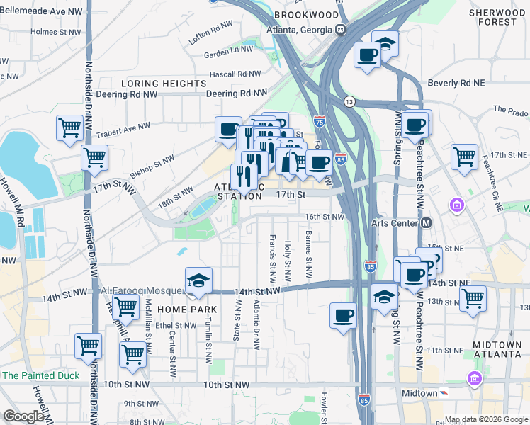 map of restaurants, bars, coffee shops, grocery stores, and more near in Atlanta