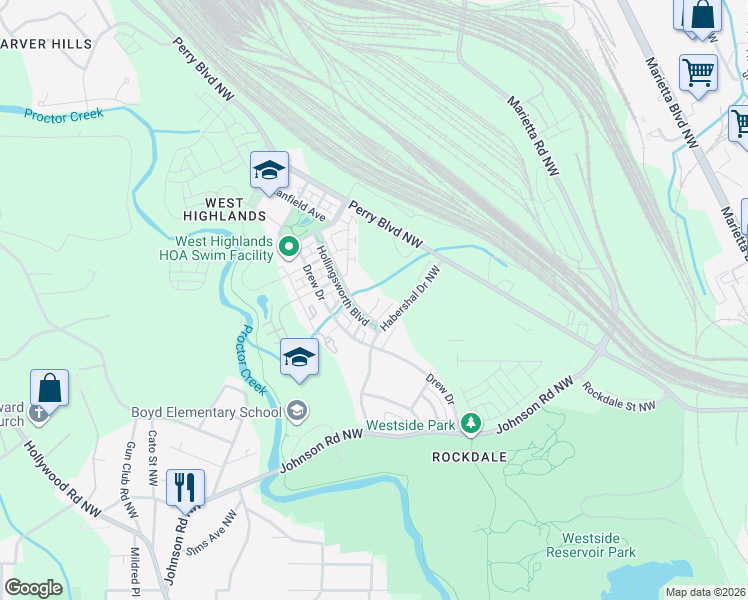 map of restaurants, bars, coffee shops, grocery stores, and more near 1654 Abbot Lane in Atlanta